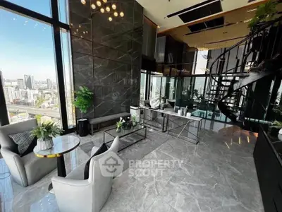 Luxurious modern living room with stunning city view and elegant spiral staircase