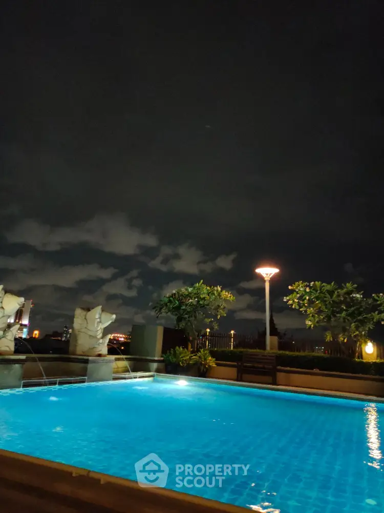 Luxurious rooftop pool with city skyline view at night, perfect for relaxation and entertainment.