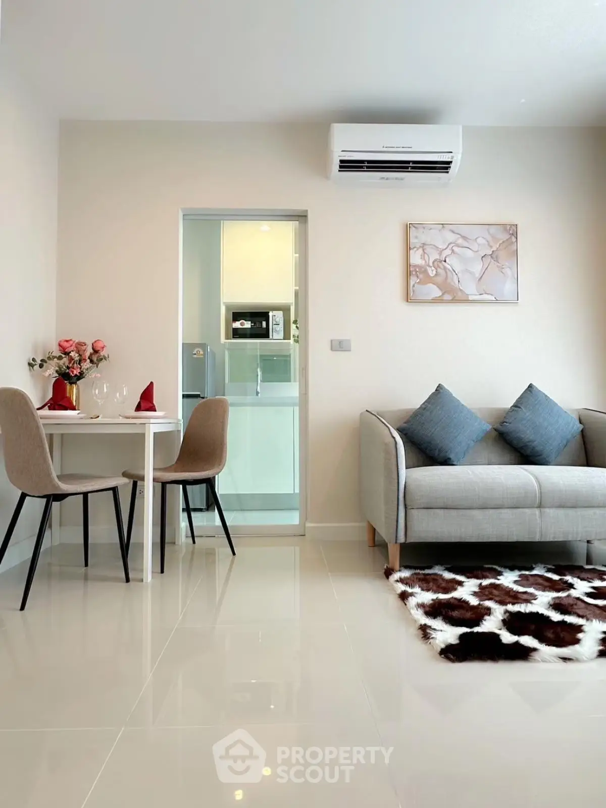 Modern living room with stylish decor and cozy seating area