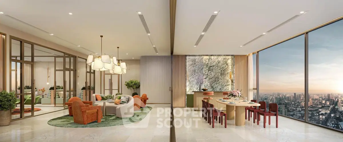 Luxurious open-plan living and dining area with panoramic city views, elegant decor, and modern lighting.