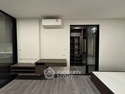 Modern bedroom with walk-in closet and sleek air conditioning unit