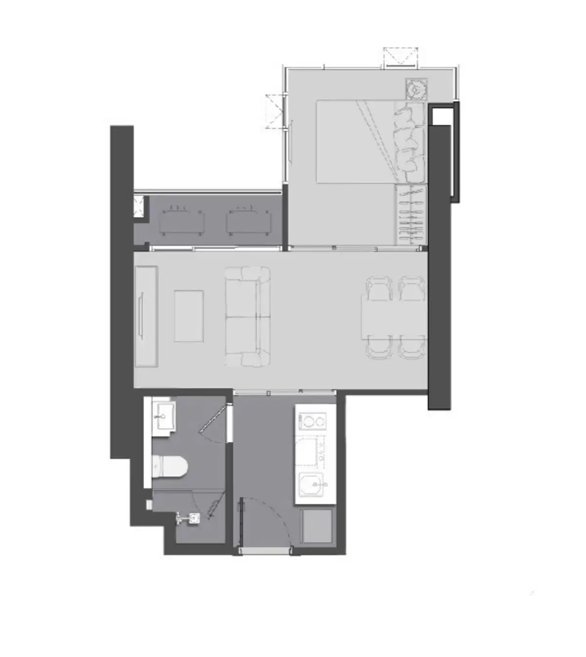 Modern apartment floor plan with open living area and bedroom layout.