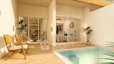 Luxurious poolside view of modern villa with elegant interior and outdoor seating.