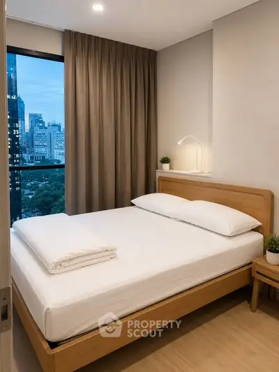 Modern bedroom with city view, featuring a cozy bed and elegant decor in a high-rise apartment.