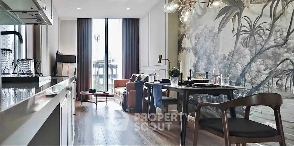 Stylish modern living room with elegant dining area and large window view