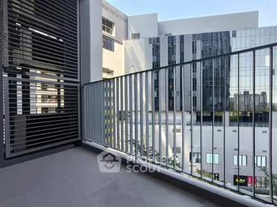 Modern balcony with city view in contemporary apartment building