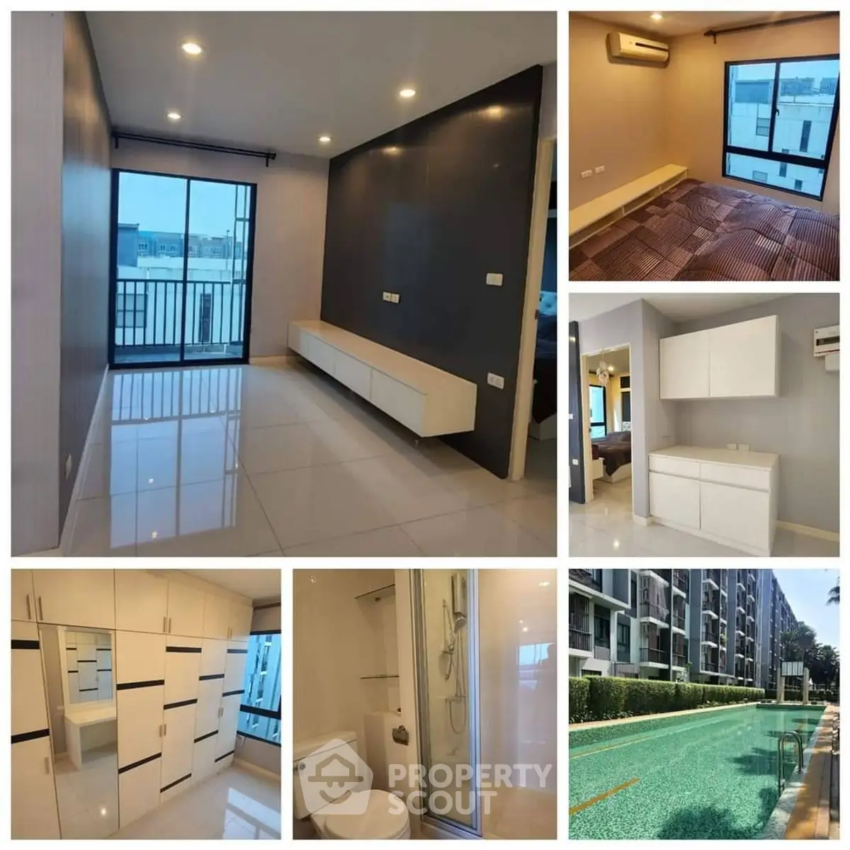 Modern condo with pool, spacious living room, and stylish interiors in prime location.