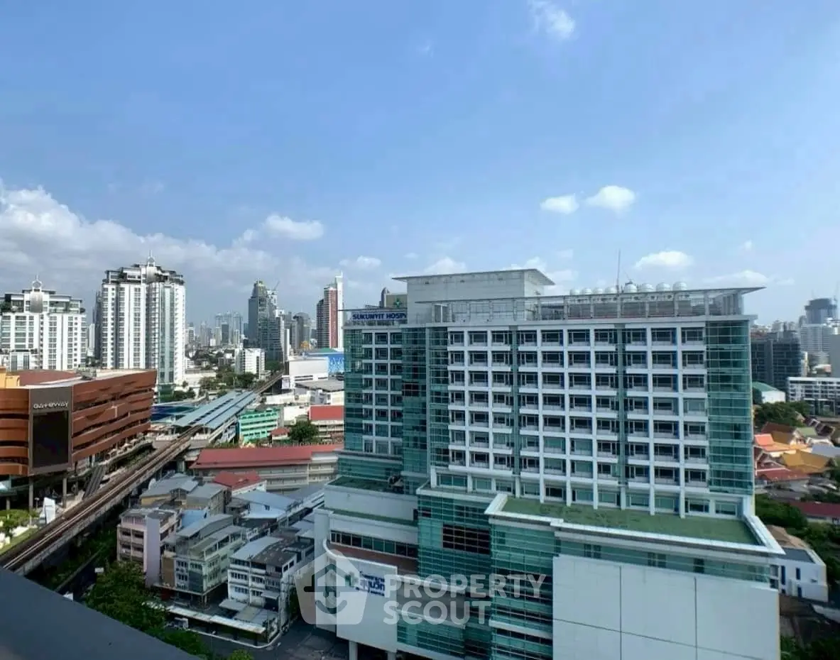 Stunning cityscape view showcasing modern high-rise buildings under a clear blue sky.