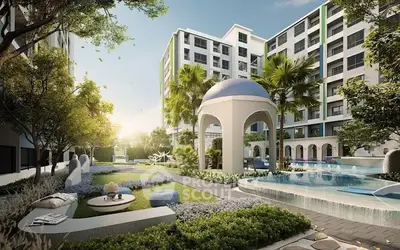 Luxurious garden view with modern architecture and serene outdoor seating area.