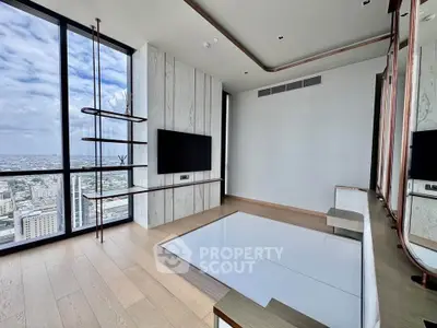 Luxurious modern living room with panoramic city view and sleek design