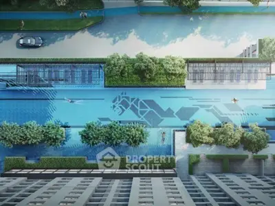 Stunning aerial view of a modern building with a luxurious rooftop pool and lush greenery.