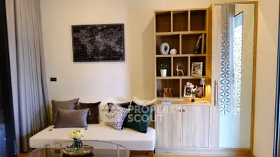 Cozy living room with stylish decor and modern shelving unit