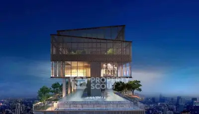 Stunning architectural marvel with rooftop garden and panoramic city views at dusk.