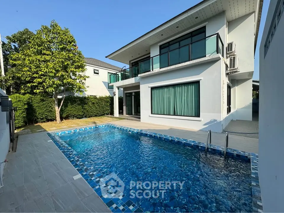 Luxurious modern home with private pool and spacious backyard, perfect for relaxation and entertainment.