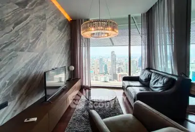 Luxurious living room with stunning city view, modern furniture, and elegant lighting in high-rise apartment.