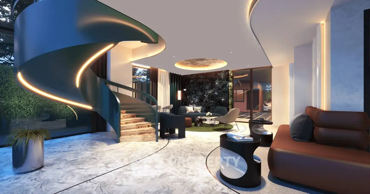Luxurious modern living room with spiral staircase and elegant decor