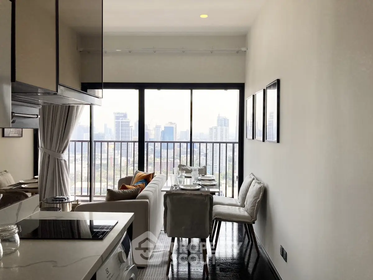 Chic urban apartment with open layout featuring a sleek kitchen, cozy living area, and a dining space, all bathed in natural light from floor-to-ceiling windows showcasing a cityscape view.