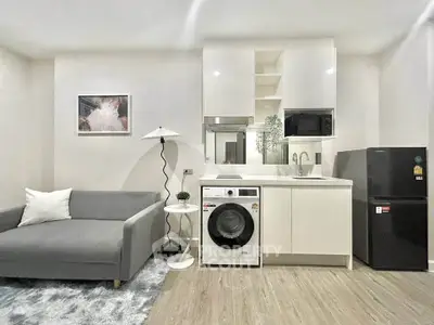 Modern living room with sleek kitchen, featuring washing machine and stylish decor.
