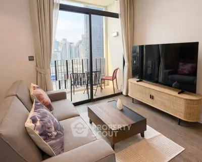 Modern living room with balcony view in urban apartment
