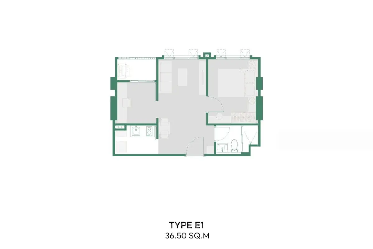 Modern apartment floor plan with efficient layout and 36.50 square meters of space.