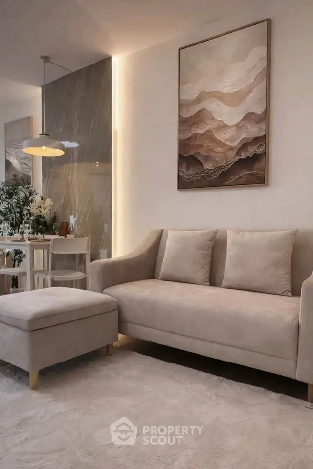 Elegant living room with modern beige sofa and stylish wall art, perfect for cozy relaxation.