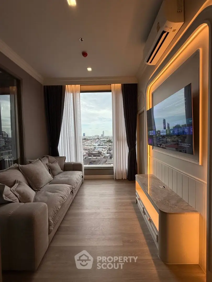 Luxurious living room with stunning city view and modern decor