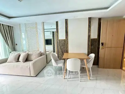 Modern living room with elegant decor and cozy seating area
