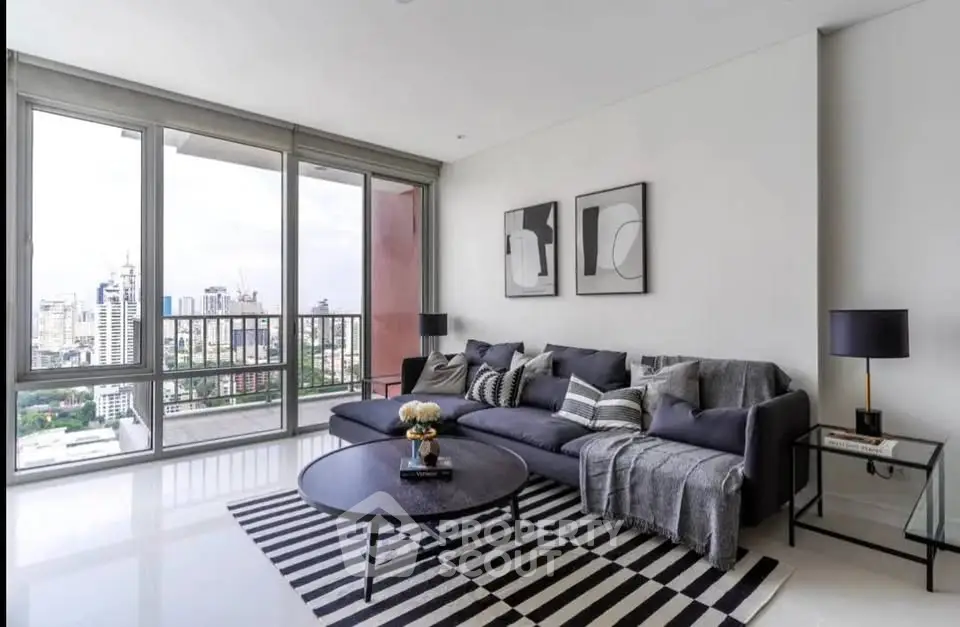 Luxurious living room with panoramic city view and modern decor