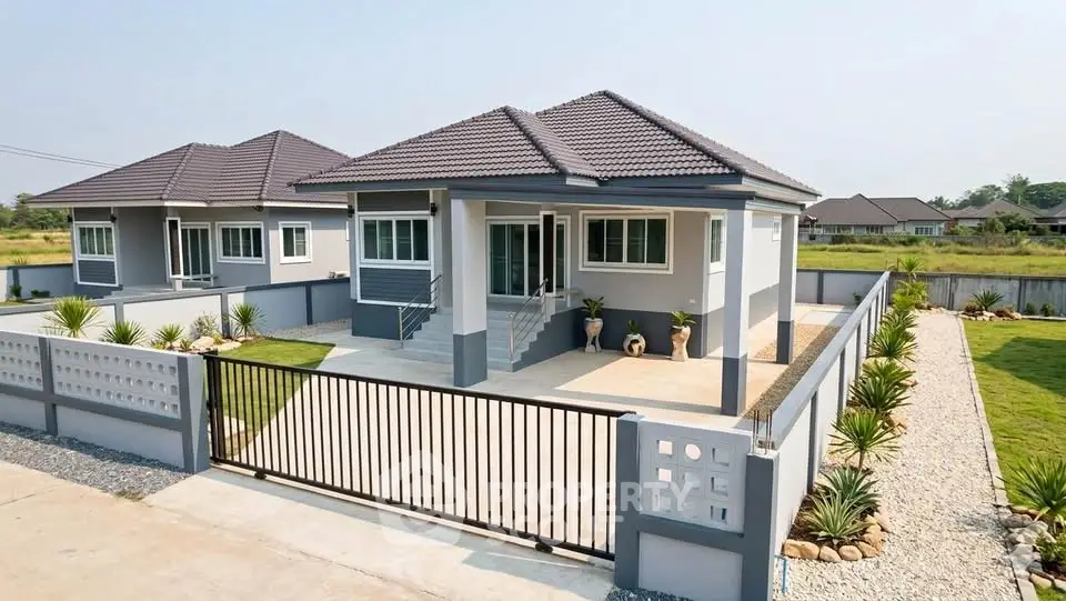 Modern single-story home with landscaped garden and gated entrance in a serene neighborhood.