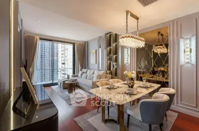 Luxurious open-plan living space with elegant furnishings, modern chandelier, and a grand piano, perfect for entertaining guests in style.