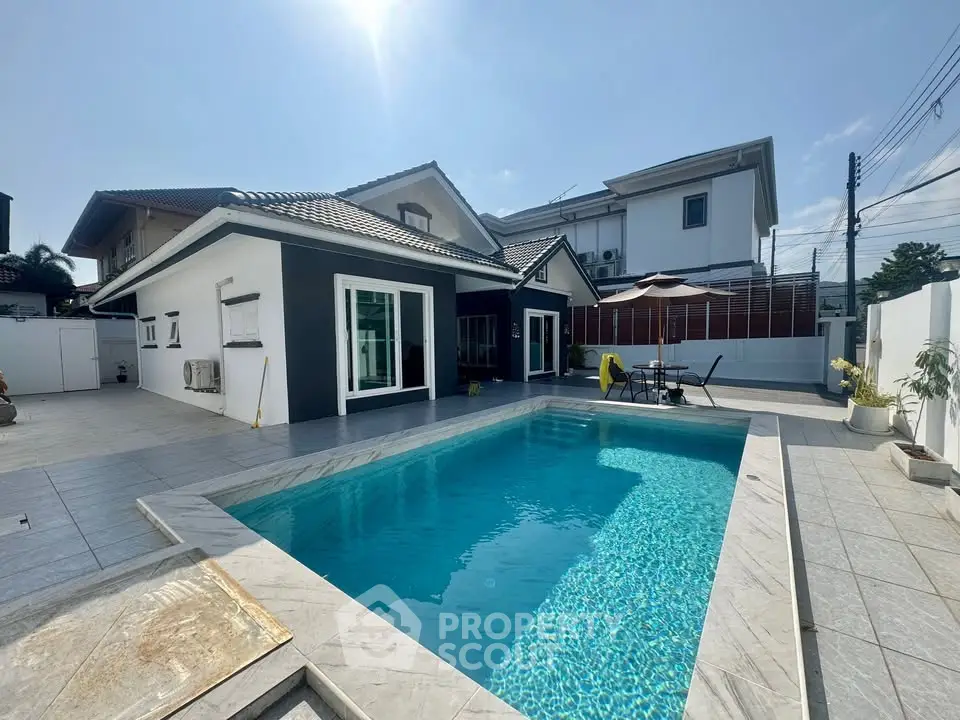 Luxurious modern home with private pool and spacious patio under clear blue sky.