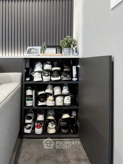 Modern shoe storage cabinet in stylish living room with sleek decor and cozy ambiance.