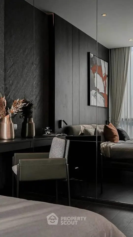 Luxurious modern bedroom with dark tones and stylish decor