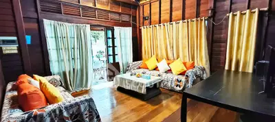 Charming rustic living room with wooden walls, cozy sofas, and vibrant cushions, perfect for relaxation.