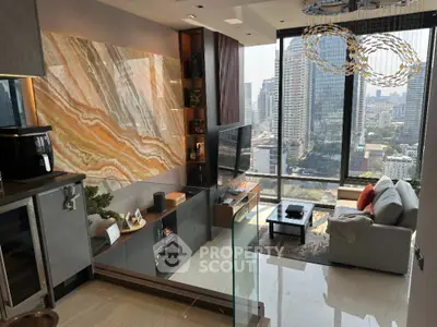 Luxurious modern living room with stunning city view and elegant decor