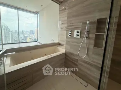 Luxurious bathroom with city view, featuring a modern bathtub and sleek shower design.