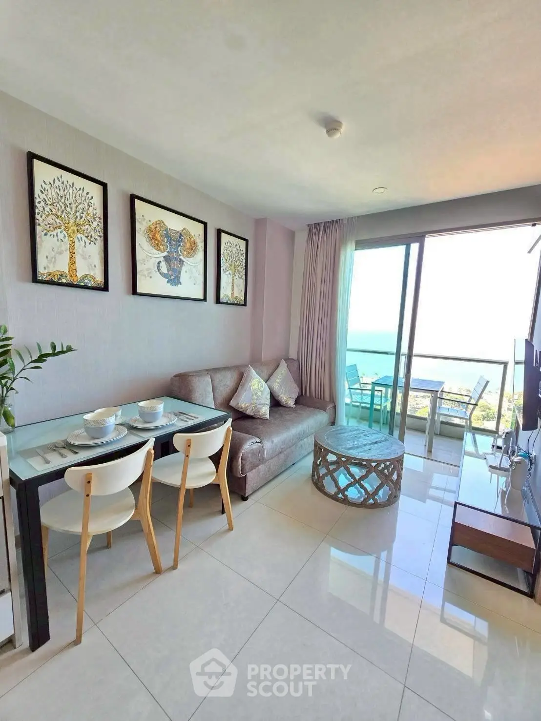 Modern living room with ocean view and stylish decor