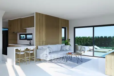 Modern open-plan living room with sleek kitchen and pool view, featuring stylish furniture and natural light.