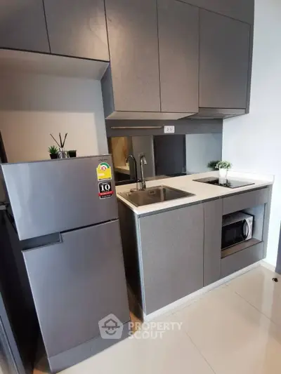 Modern compact kitchen with sleek cabinetry and stainless steel appliances