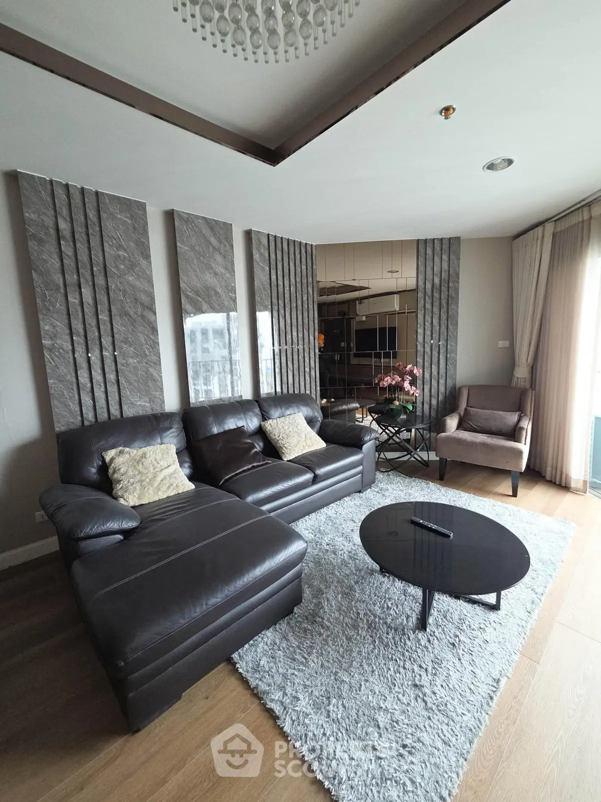 Luxurious living room with modern leather sofa and elegant decor
