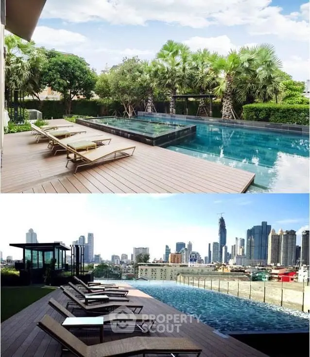Luxurious rooftop pool with stunning city skyline view and lush greenery.