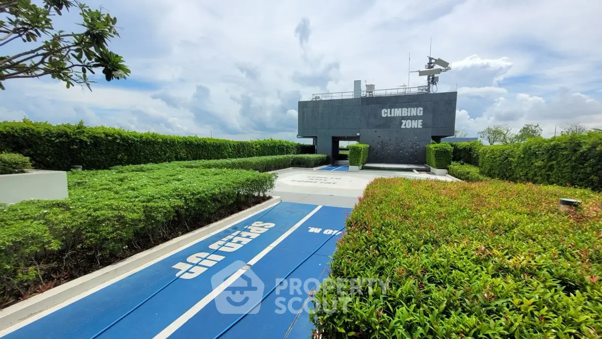 Rooftop climbing zone with lush greenery and clear sky view