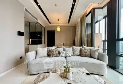 Luxurious modern living room with elegant decor and city view