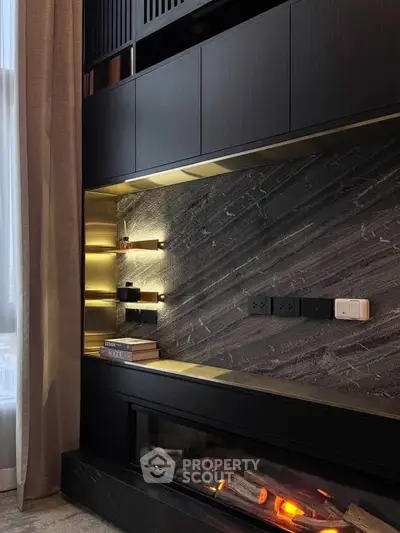 Luxurious modern living room with sleek built-in fireplace and elegant shelving.