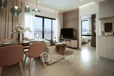Modern open-plan living room with dining area and city view, featuring elegant decor and natural light.
