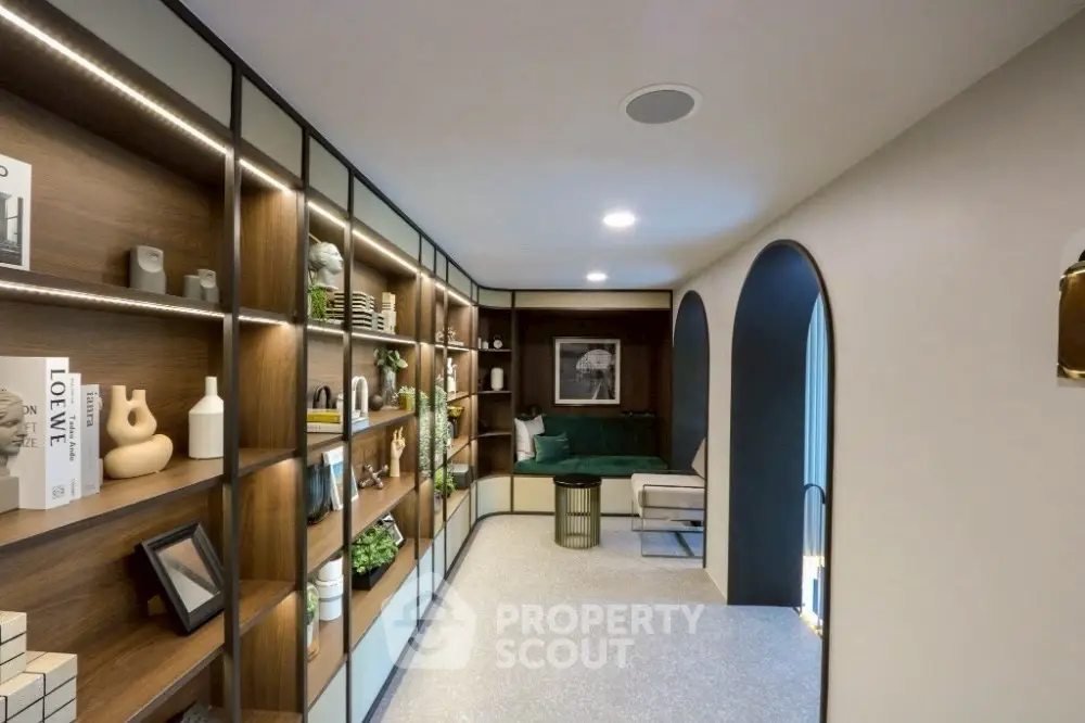 Stylish modern living room with built-in shelving and elegant decor