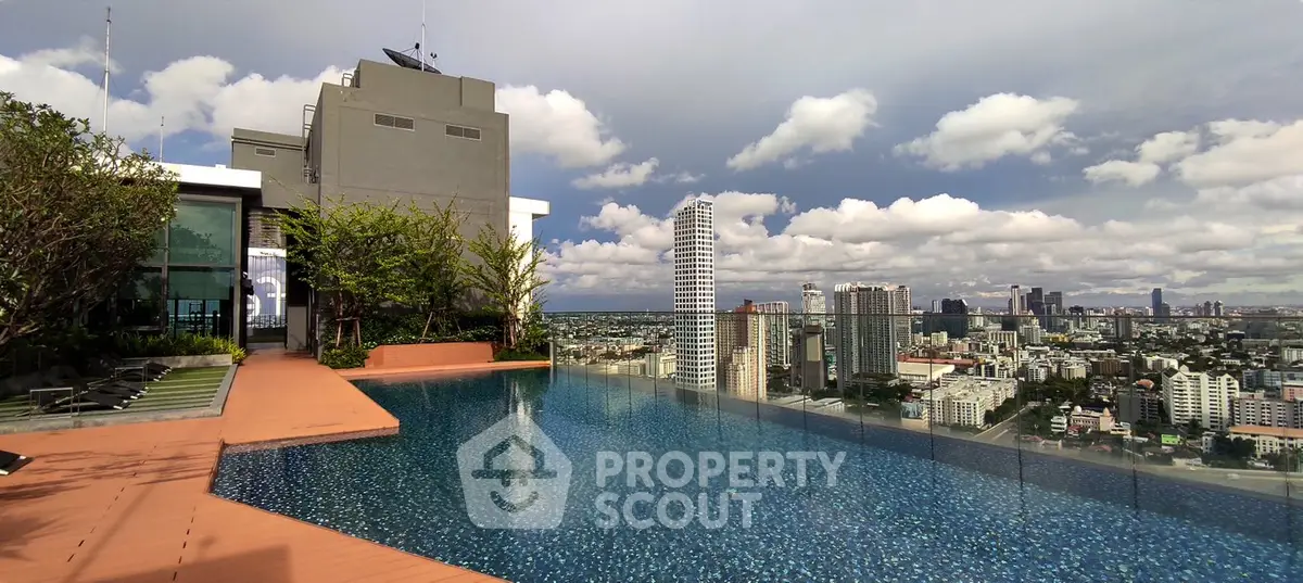 Stunning rooftop pool with panoramic city skyline views, perfect for luxury urban living.