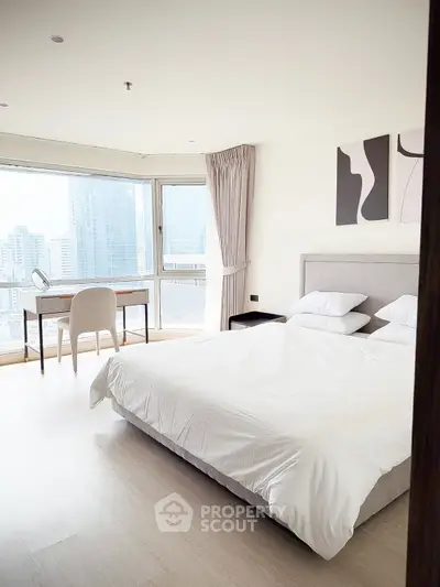 Spacious modern bedroom with city view and elegant decor