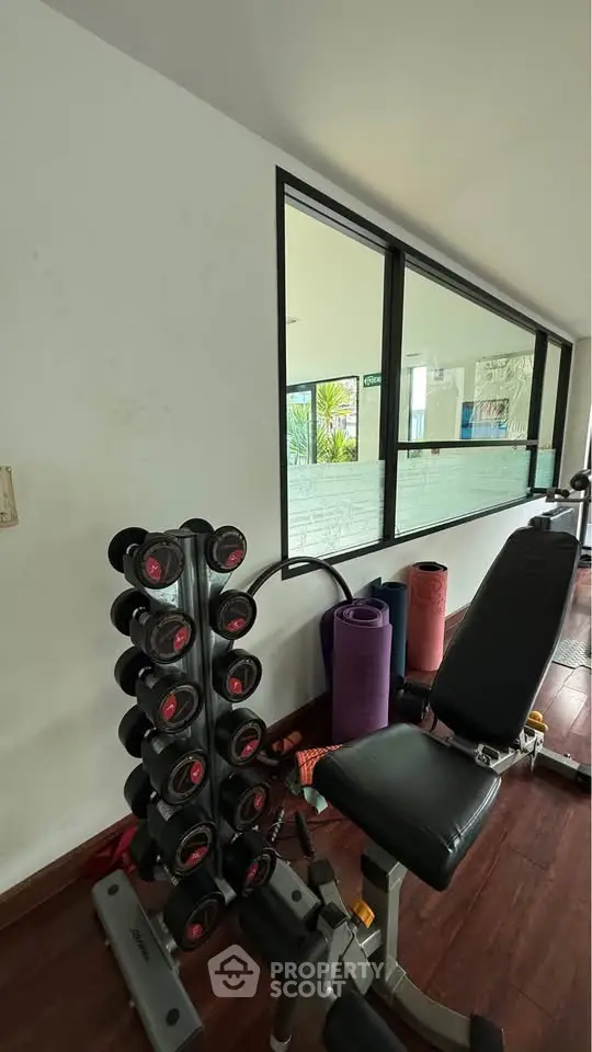 Modern gym with weights and exercise equipment in a bright, spacious room.