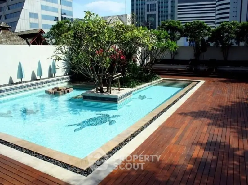 Luxurious rooftop pool with wooden deck and city skyline view, perfect for relaxation and leisure.